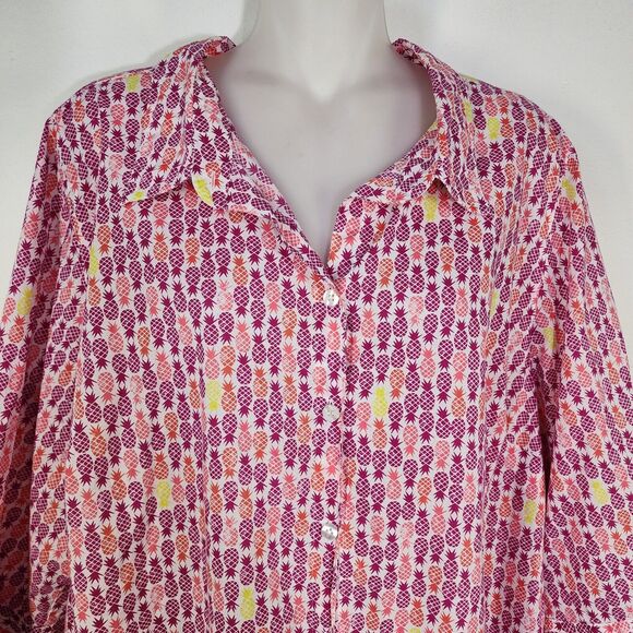 Catherines Shirt Top Womens Size 1X White Pink Pineapple Button Front 3/4 Sleeve - Picture 4 of 11